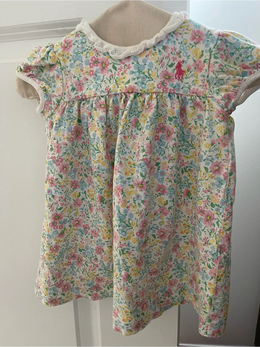 Ralph Lauren Baby Girl Floral Dress 9M Pink Blue Short Puff Sleeves Ruffles